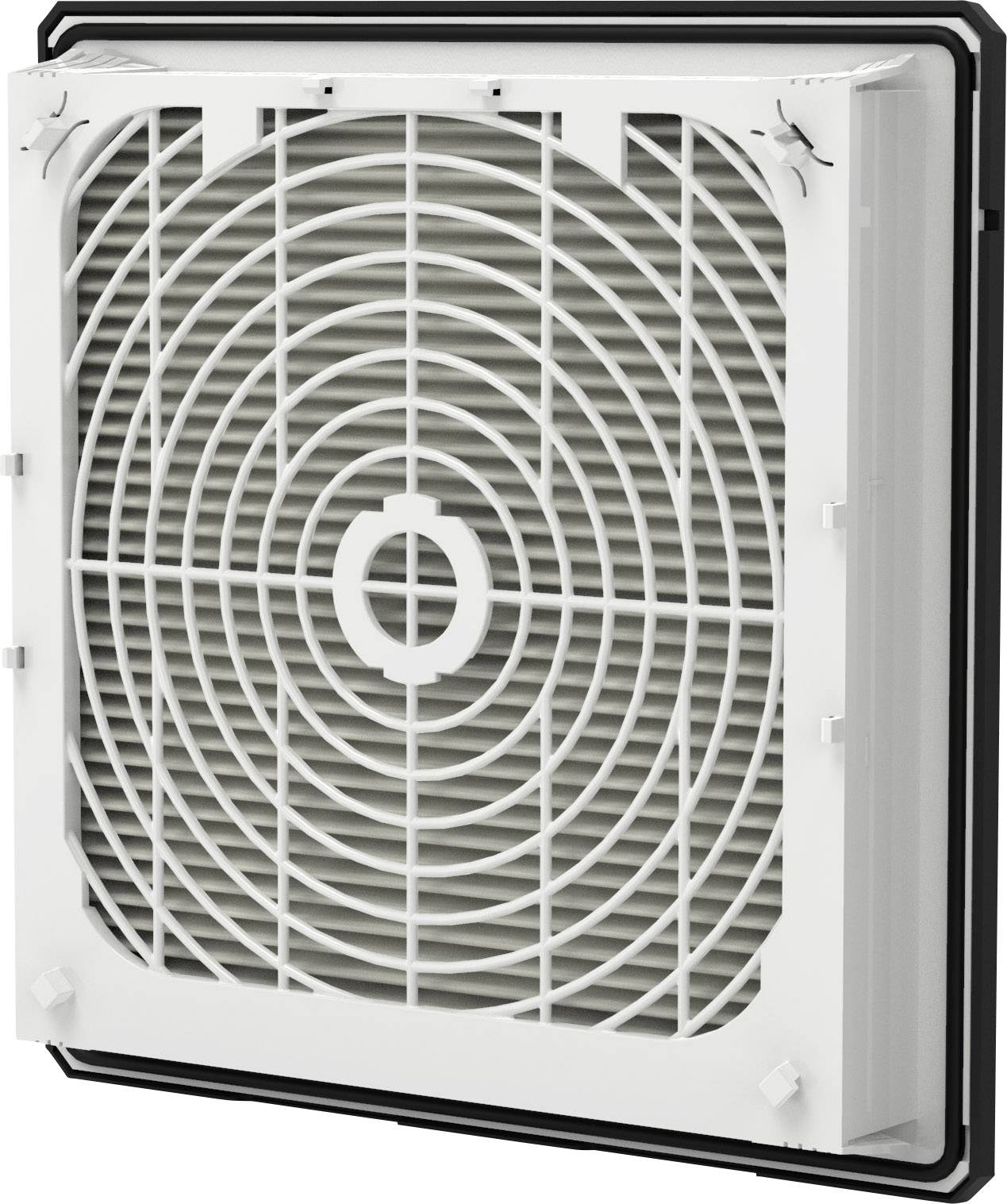 A square ventilation grille insert with a white plastic grille, mounted on a wall background.