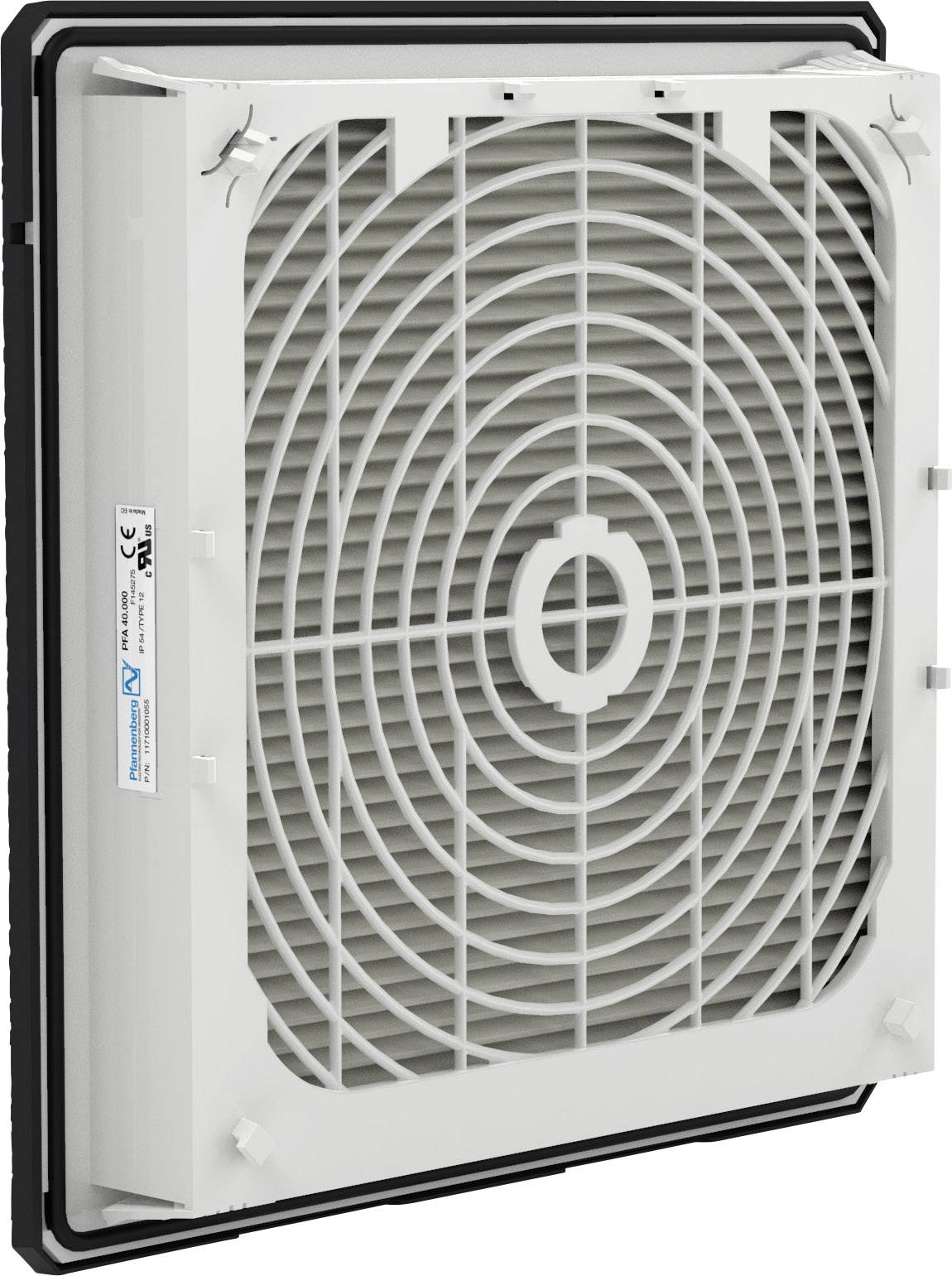 A rectangular ventilation filter with a grey protective grille, mounted on a black frame, with a label on the side.