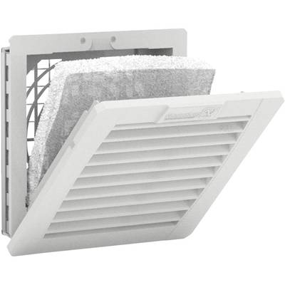 'A white ventilation filter with a rectangular frame and perforated grille, slightly open, reveals a removable filter cartridge.'