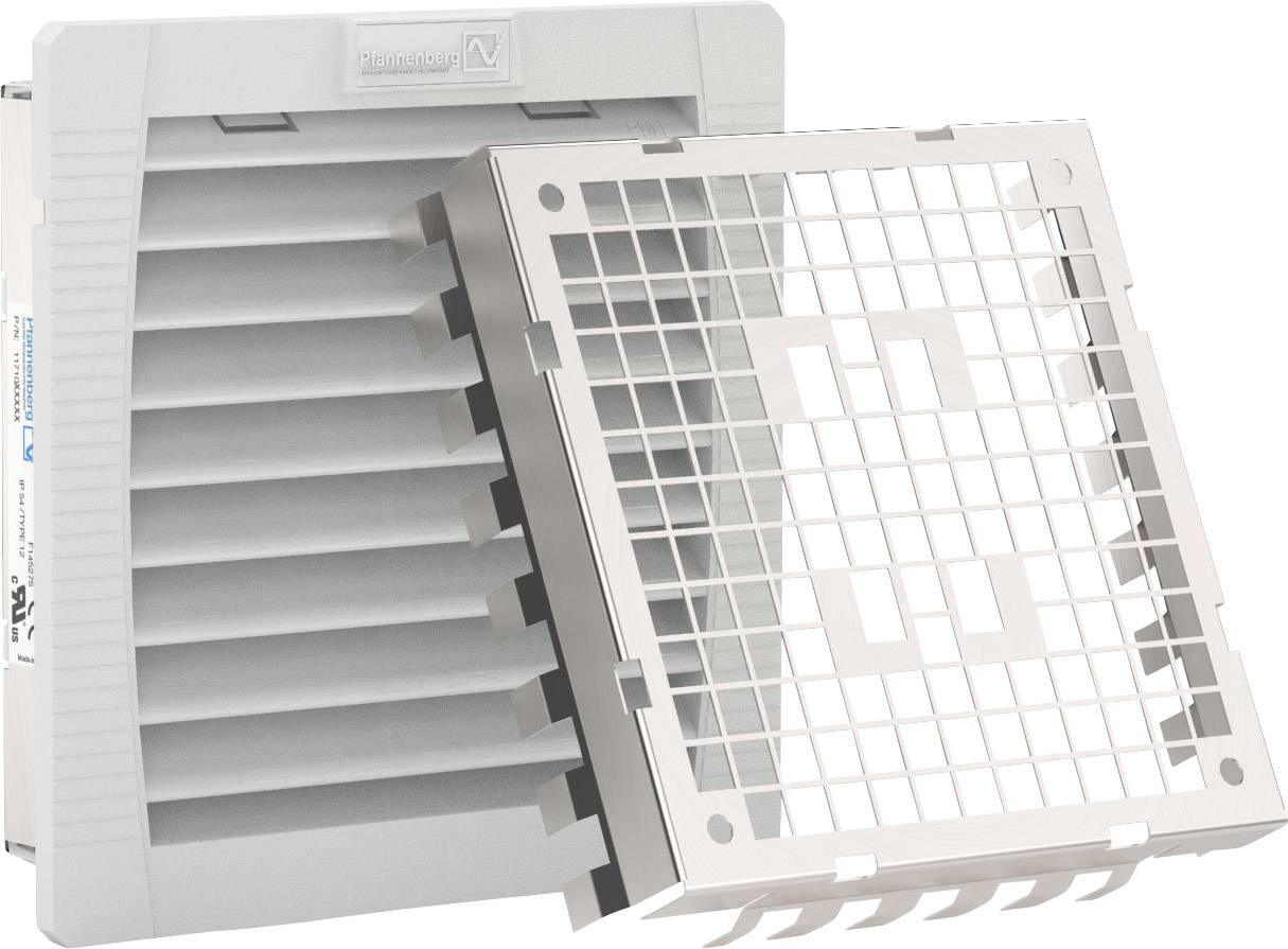'Two grey ventilation grilles: one frontal with louvres, the other in the foreground with a grid structure. Both made of plastic.'