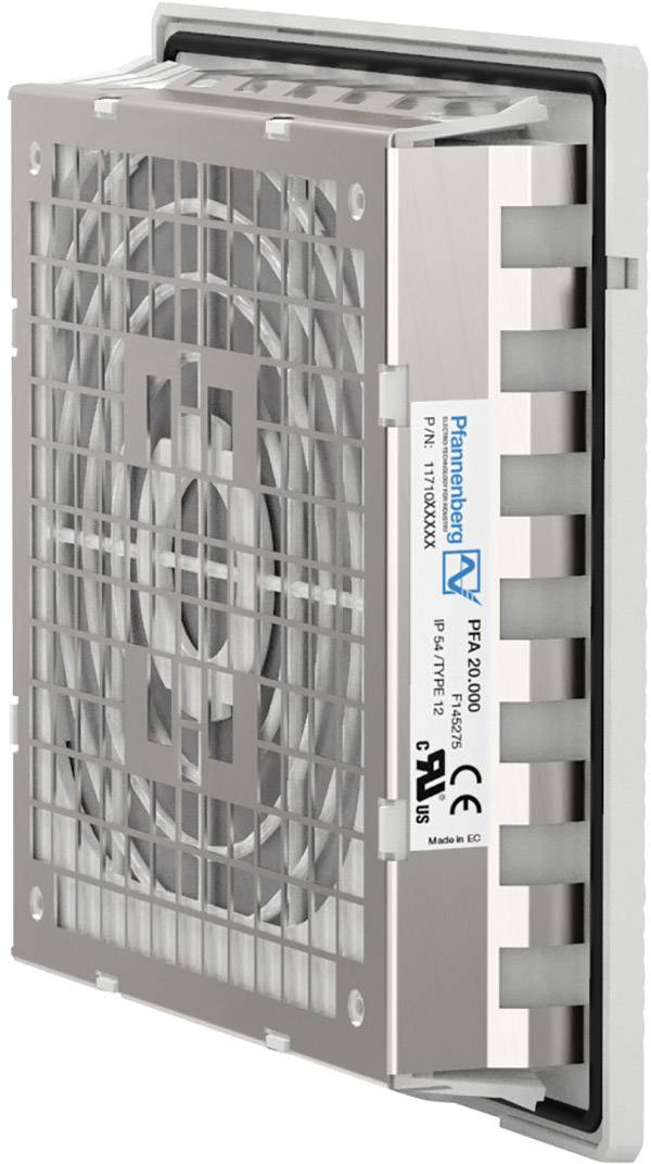 Ventilation unit for electrical cabinet, Pfannenberg PFA 2000 model, with protective grille and nameplate visible.