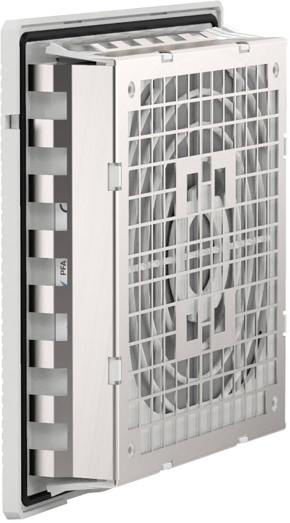 Ventilation grille with integrated fan for ventilating or cooling technical equipment. Rectangular design with protective mesh.