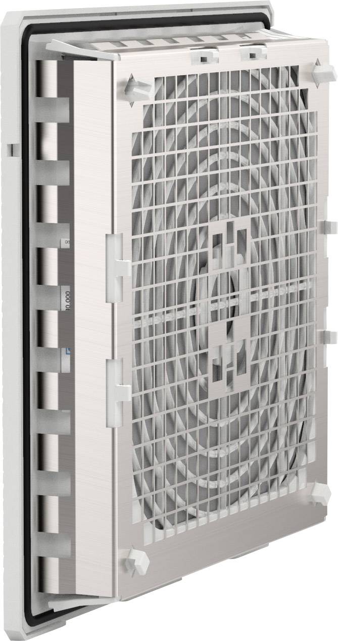 A rectangular air filter in a metal housing with a mesh cover, showing a detailed view of the filter and ventilation slots.