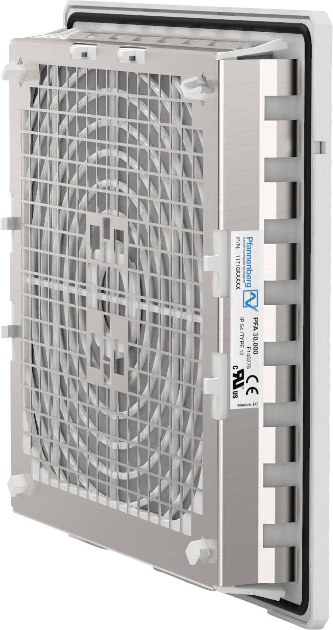 A rectangular ventilation fan with a protective grille, likely used for ventilating or cooling electrical equipment, installed in an enclosure.