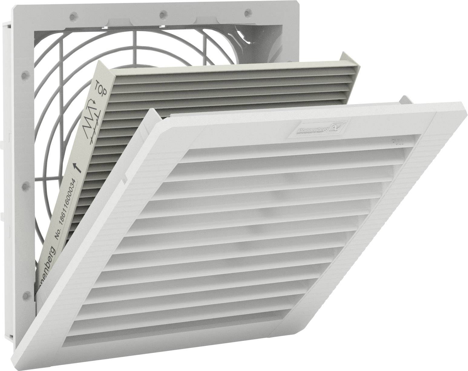 'Ventilation grille with open filter insert, showing layers of the filter system and the fan grille. Used for air circulation.'