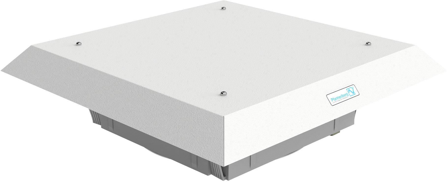 Flat, square fan with white casing and logo on the side, presented on a light surface.