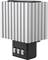 A silver heatsink with a ribbed design situated above a black electrical terminal block featuring three visible terminal connectors.