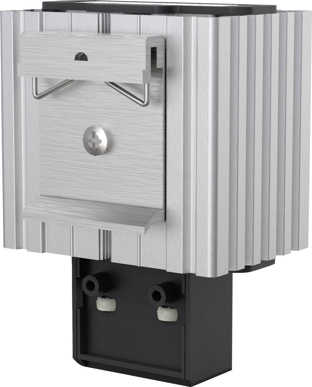 Aluminium heatsink with black base, two white connections and a central screw mounting, front view.