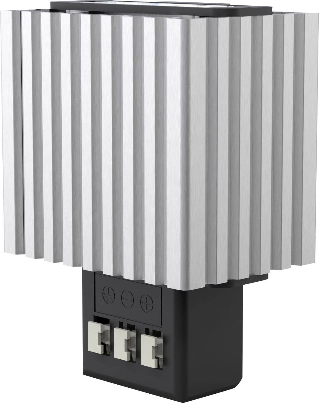 Metallic radiator with a finned structure for heat dissipation, mounted on a black casing with three connections at the bottom.