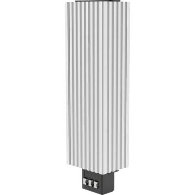 A vertical, cylindrical radiator with a ribbed surface in silver colour. At the bottom, connection cables are located in a black housing.