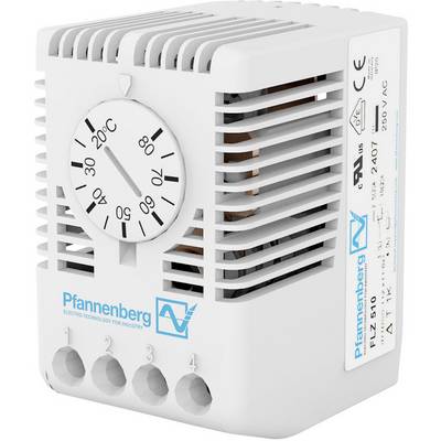 A white Pfannenberg thermostat with a temperature display ranging from 0 to 60 degrees Celsius. Suitable for industrial applications.