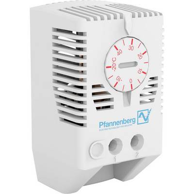 A white electric radiator by Pfannenberg with ventilation slots and a red temperature control dial on the front.