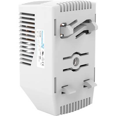 White, rectangular electronic device with ventilation slots and a mounting fixture on the side.