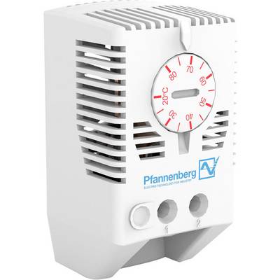 Thermostat with ventilated enclosure, temperature display in red from 0 to 60°C, brand 'Pfannenberg'.