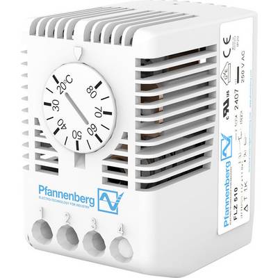 White thermostat device with scale from 0°C to 60°C. Brand name 'Pfannenberg'. Shows adjustment knob and technical information on the side.