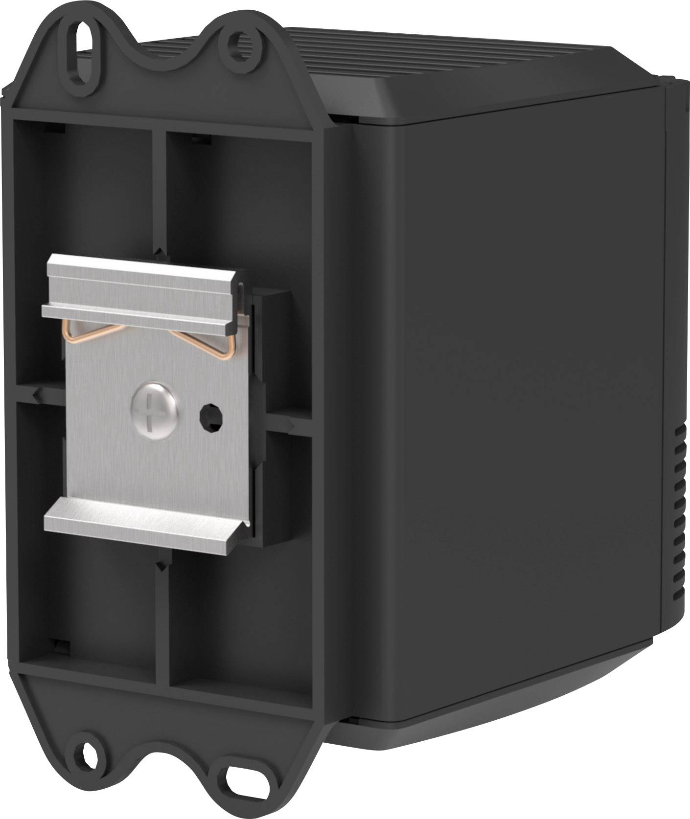 Black electromagnetic magnet with metal core, rectangular shape, shown from the side. Used in industrial applications for control purposes.