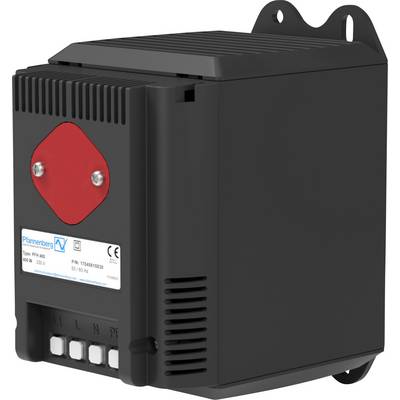 Black, square fan control device with red button and company label; suitable for 230V, 50Hz systems.
