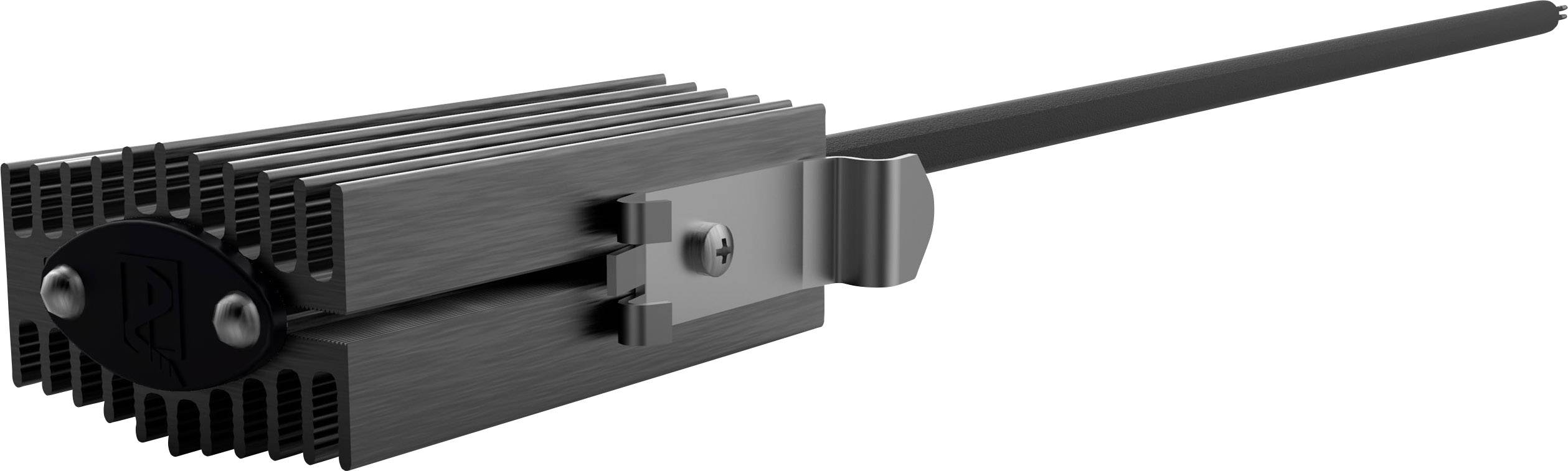 Long, rectangular metallic device with cooling fins and a side mounting bracket. Used for industrial cooling or heating.