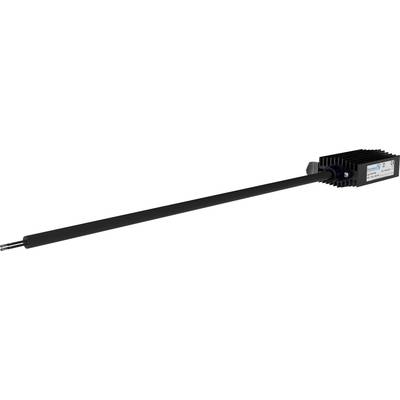 A long, cylindrical sensor with a black housing and cooling fins, with a manufacturer label affixed to it.