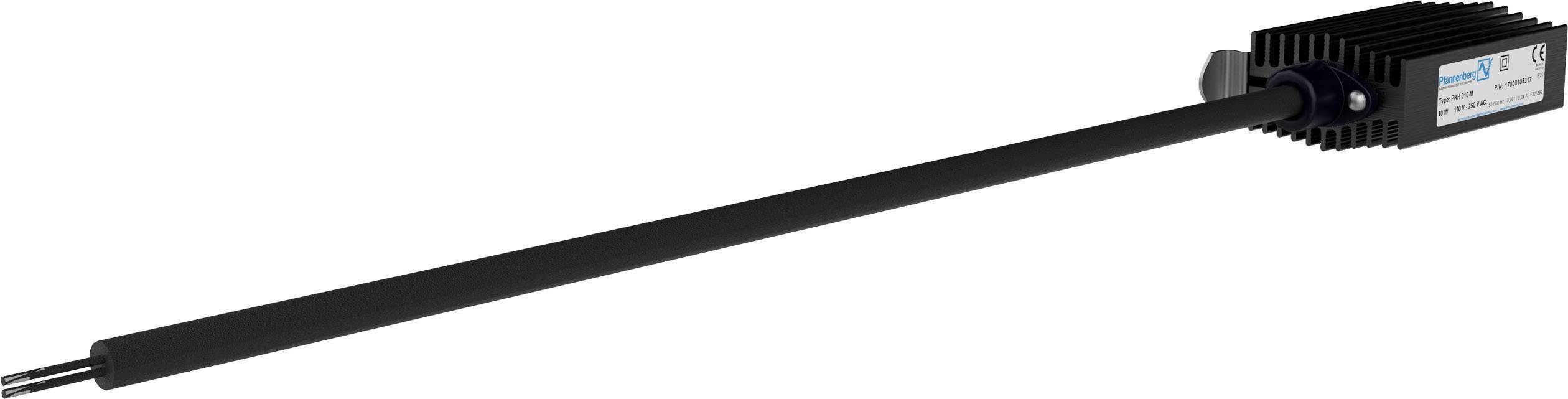 A black sensor rod with cooling fins and a connection plug at the end. Used in technical or industrial applications.