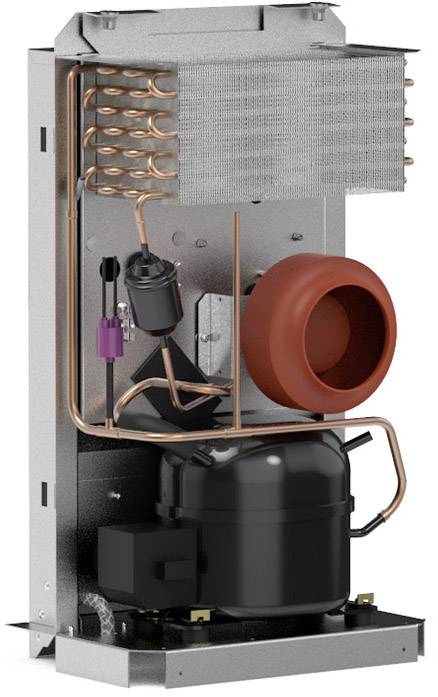 An open cooling system with visible copper pipes, condenser, and compressor.