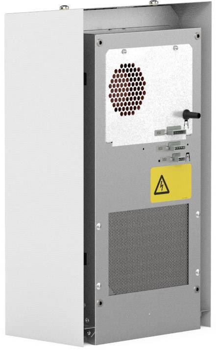 A housing with ventilation grille and warning sign that cautions against electrical voltage.