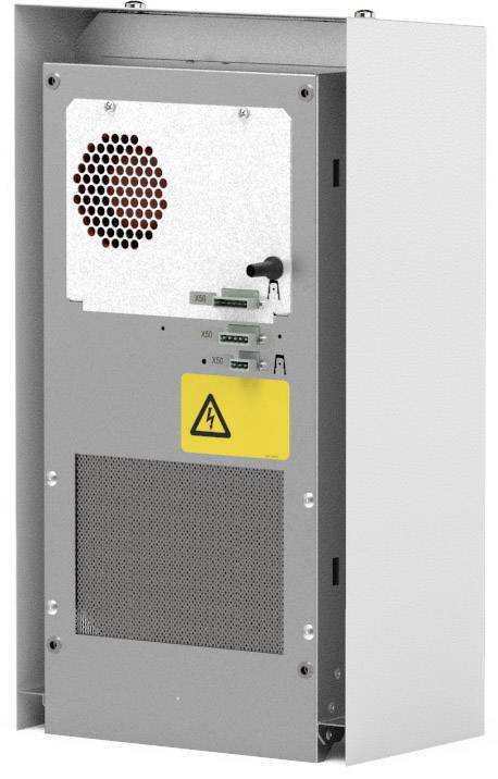 Industrial electrical cabinet with a fan at the top, electrical hazard warning symbol on a yellow background, and multiple connections at the bottom.