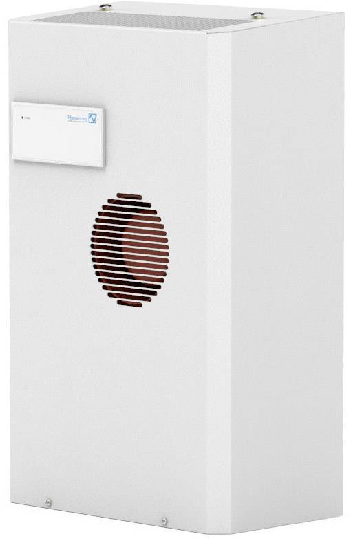 White heating box with side ventilation grille and information panel on the front, standing on a flat surface.