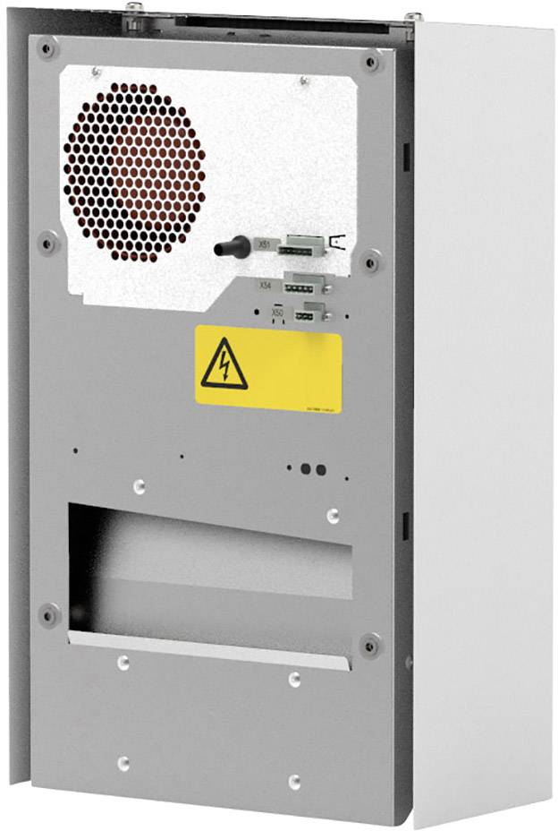 A silver electronic device with ventilation grilles and a yellow electrical hazard warning symbol.