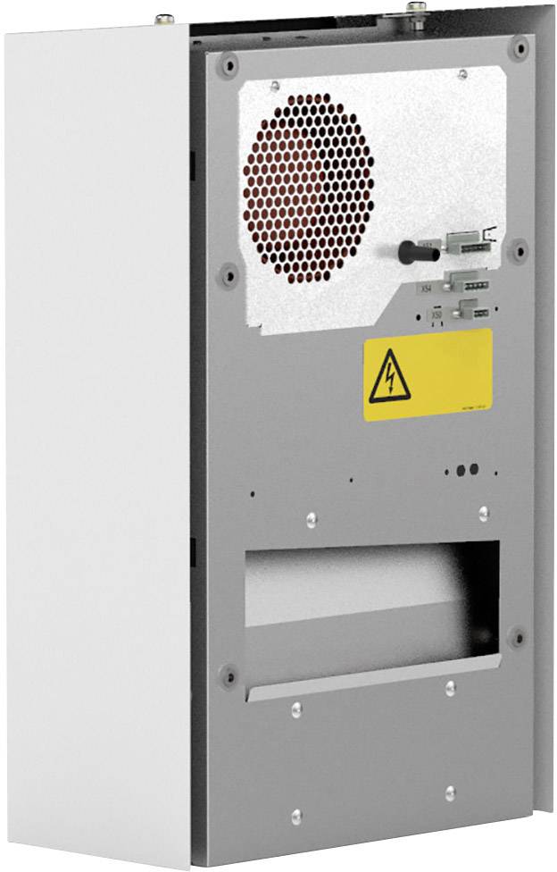 Grey wall-mounted metal cabinet with ventilation opening and electrical hazard warning symbol, showing technical equipment for building maintenance.