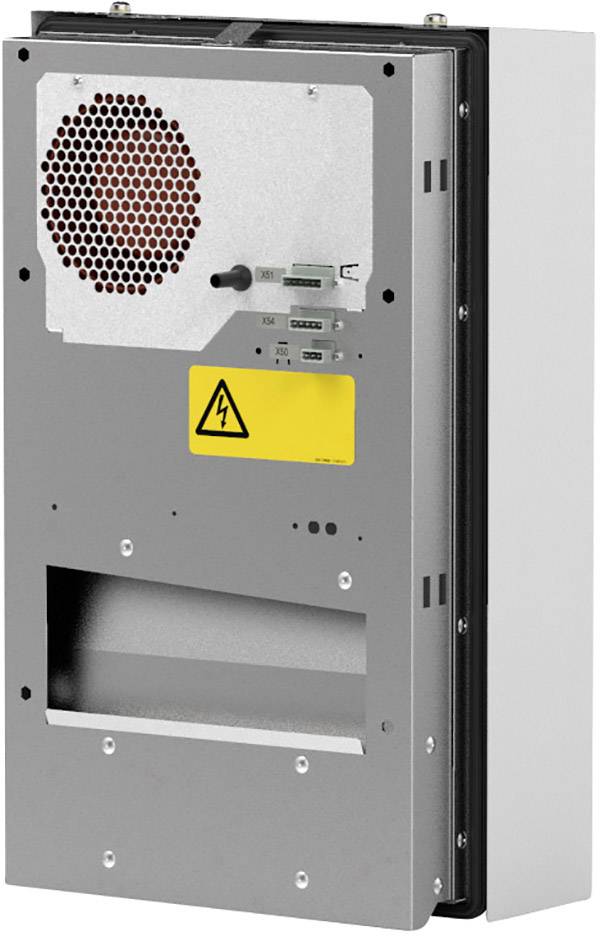 Electronic device with fan, yellow warning symbol for electrical voltage, and connection modules, possibly a switchboard component.