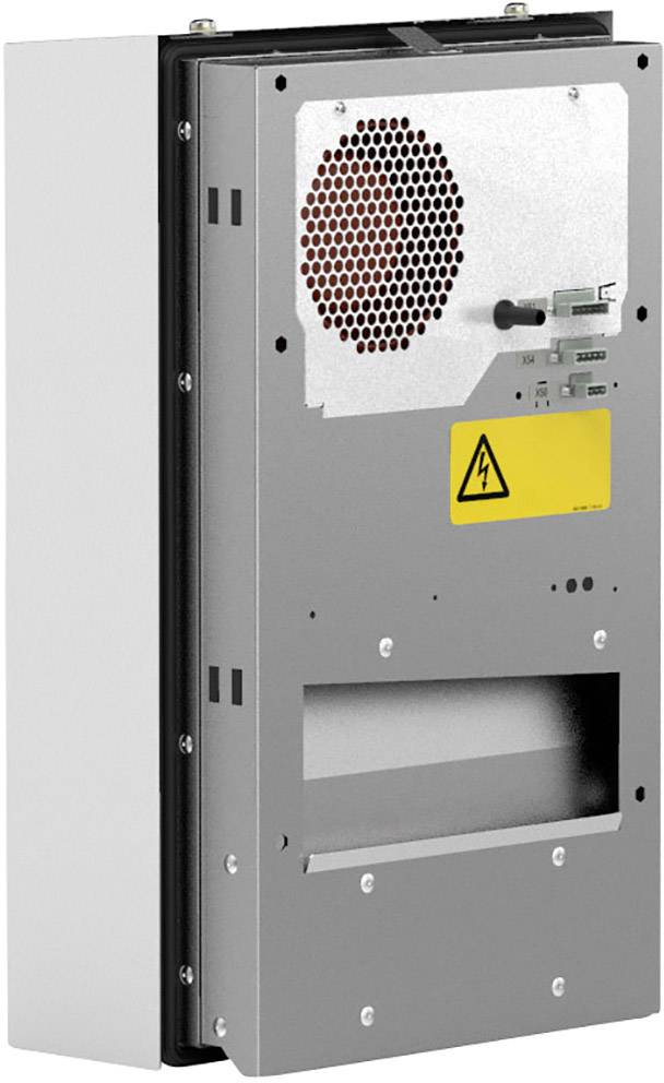 Electrical device with a grey casing, red ventilation grille and yellow warning symbol. Fan and connections visible.