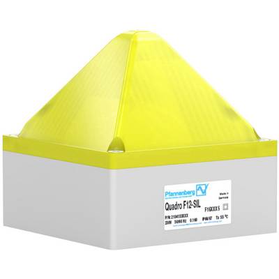Yellow, pyramid-shaped warning signal device on a grey housing. Label reads 'Pfannenberg Quadro F12-SIL'.