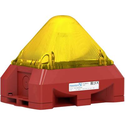 Red warning light with a yellow dome, indicating potential hazards. Product label with technical details visible.
