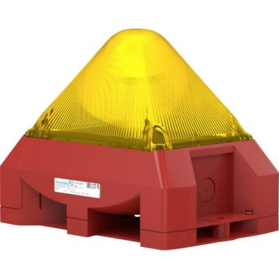 A red safety beacon with a yellow cover, mountable on a surface. Suitable for industrial use for warning signalling.