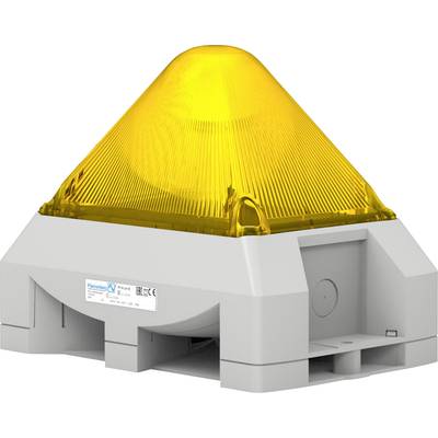 A pyramid-shaped yellow warning light on a grey housing.