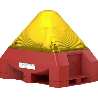 Red alarm device with a yellow, pyramidal light attachment, serving as a visual warning or signal indicator in emergency situations.