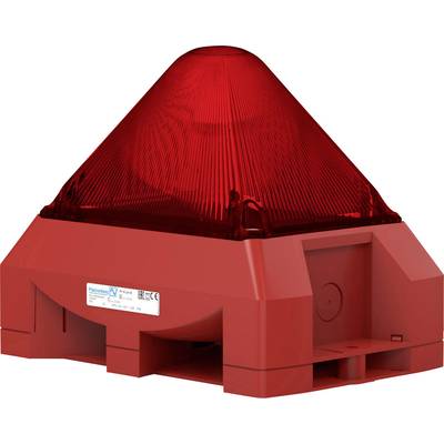 Red siren with a pyramid-shaped housing, used for acoustic and visual alarm signalling in emergency situations.