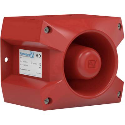 Red alarm siren with a white label on the side; manufacturer information and model designation are visible.