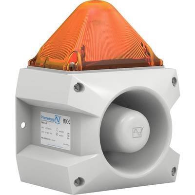 White alarm device with orange light attachment, suitable for industrial applications for visual and acoustic warning.<br><br>White warning beacon with orange light cover, designed for industrial environments to provide visual and audible alerts.