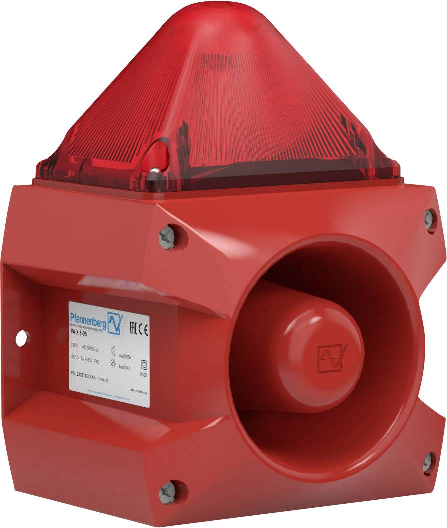 Red alarm indicator with integrated strobe light for warning of emergencies or hazards.