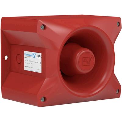 Red industrial warning siren with visible loudspeaker and label on the side. Suitable for noisy environments.