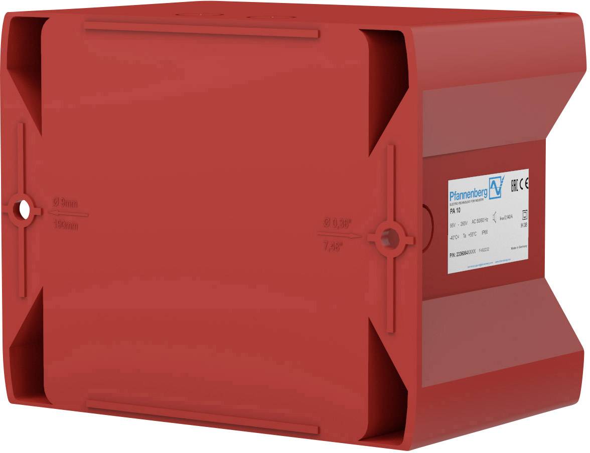 Red, square plastic box with a white label on the side displaying technical information and the Pfannenberg logo.
