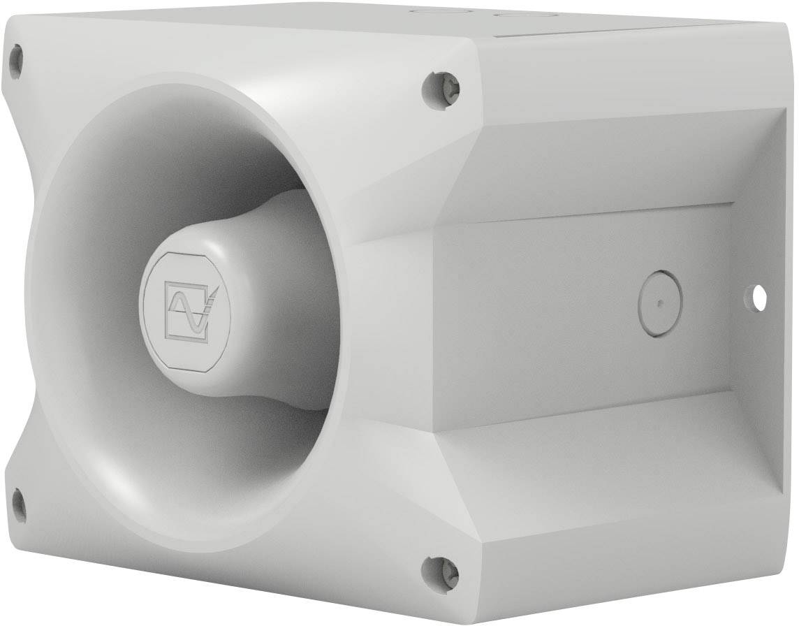 A rectangular grey loudspeaker with a large speaker cone at the front, suitable for outdoor sound systems.