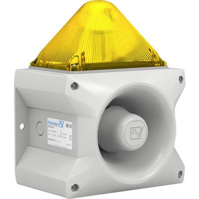 A grey enclosure with an integrated speaker and yellow warning light is suitable for alarm or security applications.