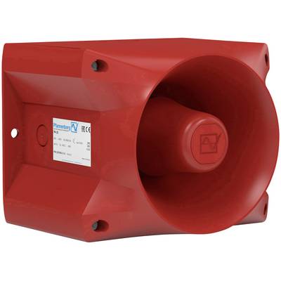 'Red siren loudspeaker with rectangular housing, suitable for alarm systems. Manufacturer label with specifications on the side.'