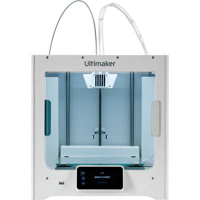 A 3D printer by Ultimaker, ready to print. The print chamber is illuminated. A display shows the status 'Ready to print'.