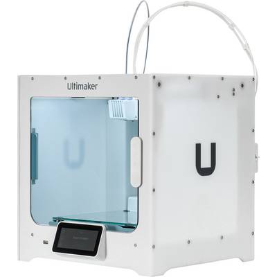 A 3D printer by Ultimaker in a white, cube-shaped enclosure with a glass door and display on the front.
