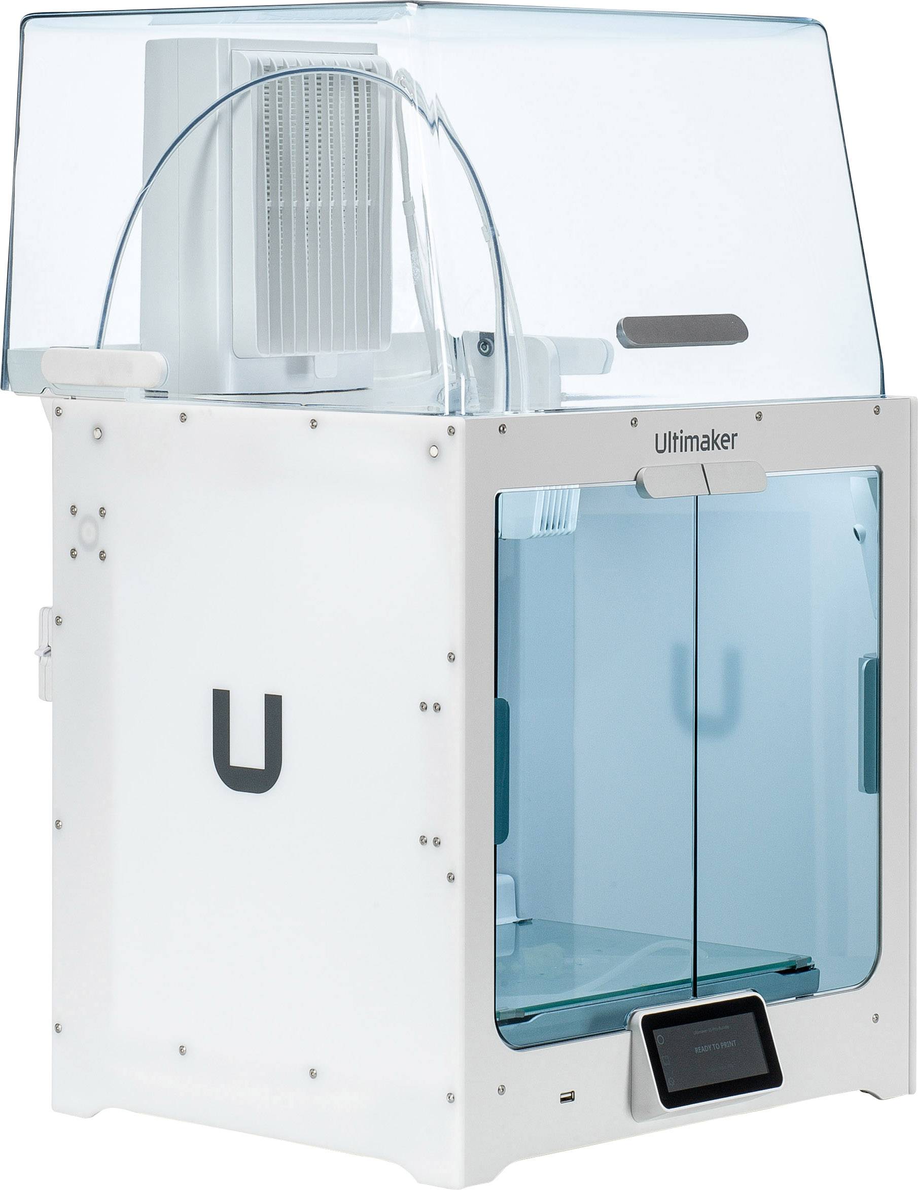 3D printer with a transparent casing and a distinctive 'U' logo on the side. A screen is located at the bottom of the device.