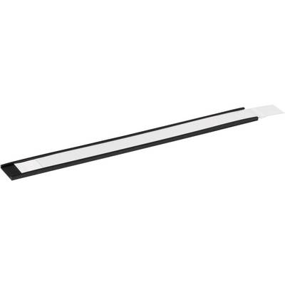 A long black and white plastic strip, possibly part of a product or technical device.